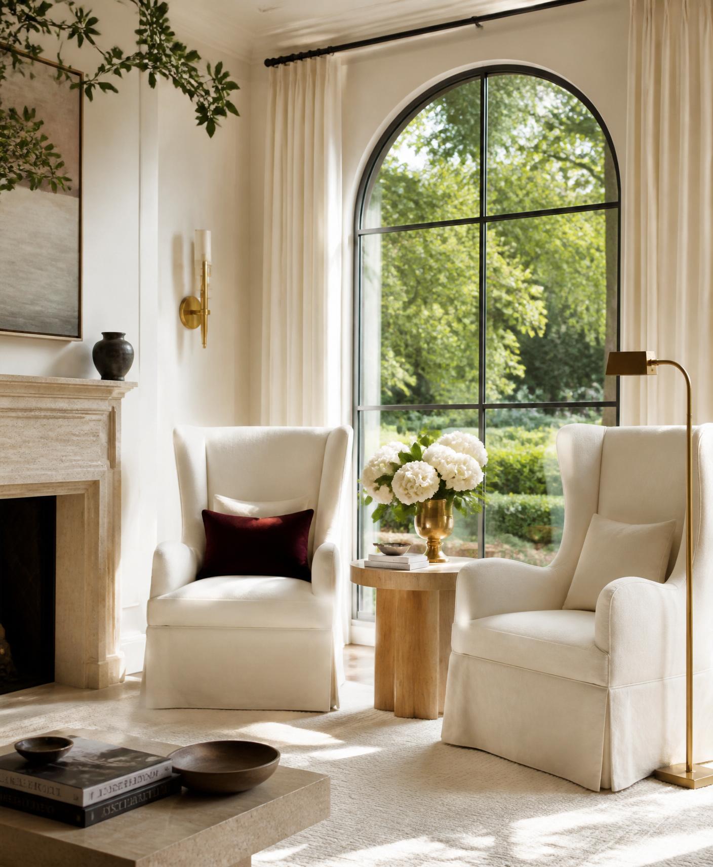 Two cream wingback chairs beside an arched window with olive branches and a brass lamp