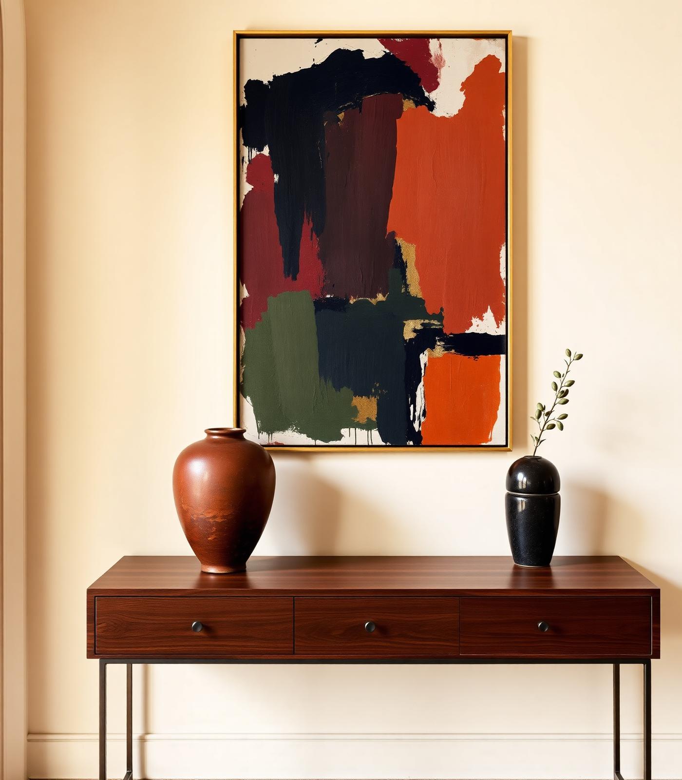 A vibrant abstract painting in a brass frame above a walnut console with a clay vessel and olive sprig