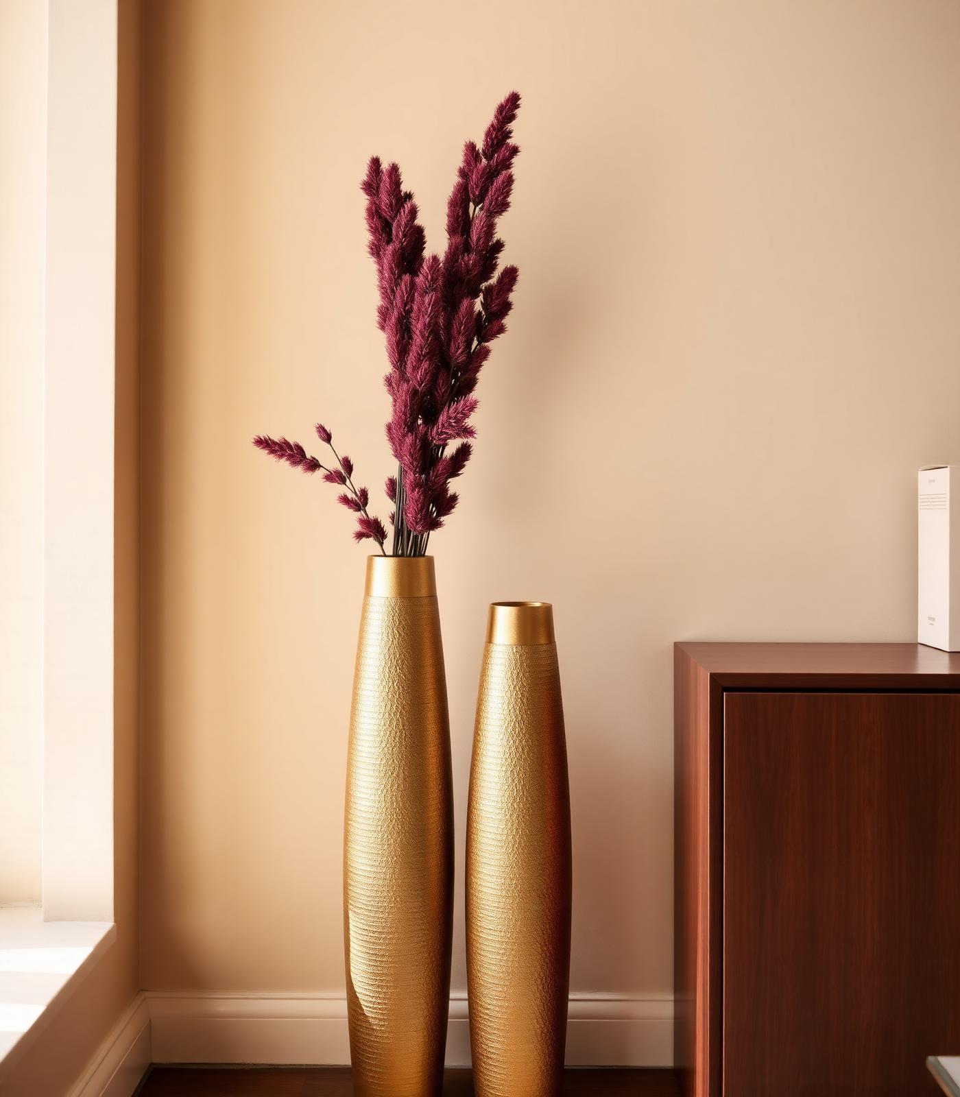 Three tall brass vases with dried burgundy stems against warm ivory plaster