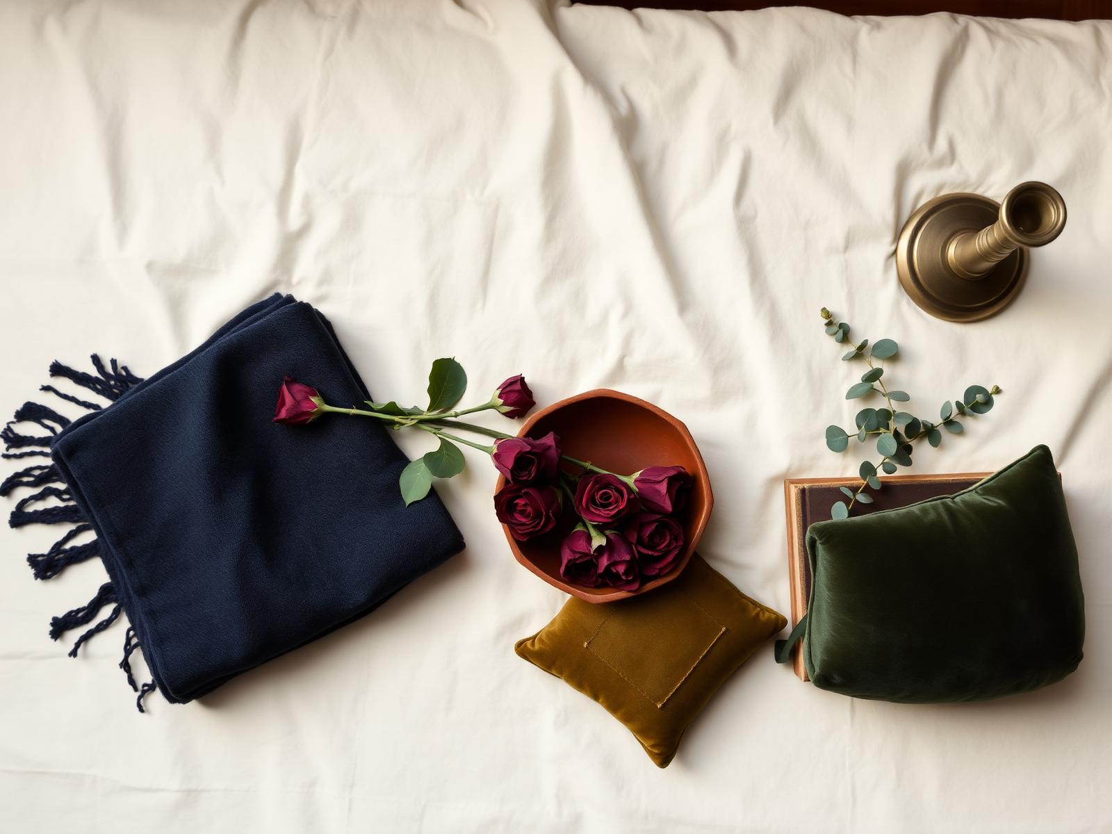 Overhead editorial styling: navy throw, terracotta bowl of burgundy roses, ochre and sage velvet cushions, brass candlestick and eucalyptus
