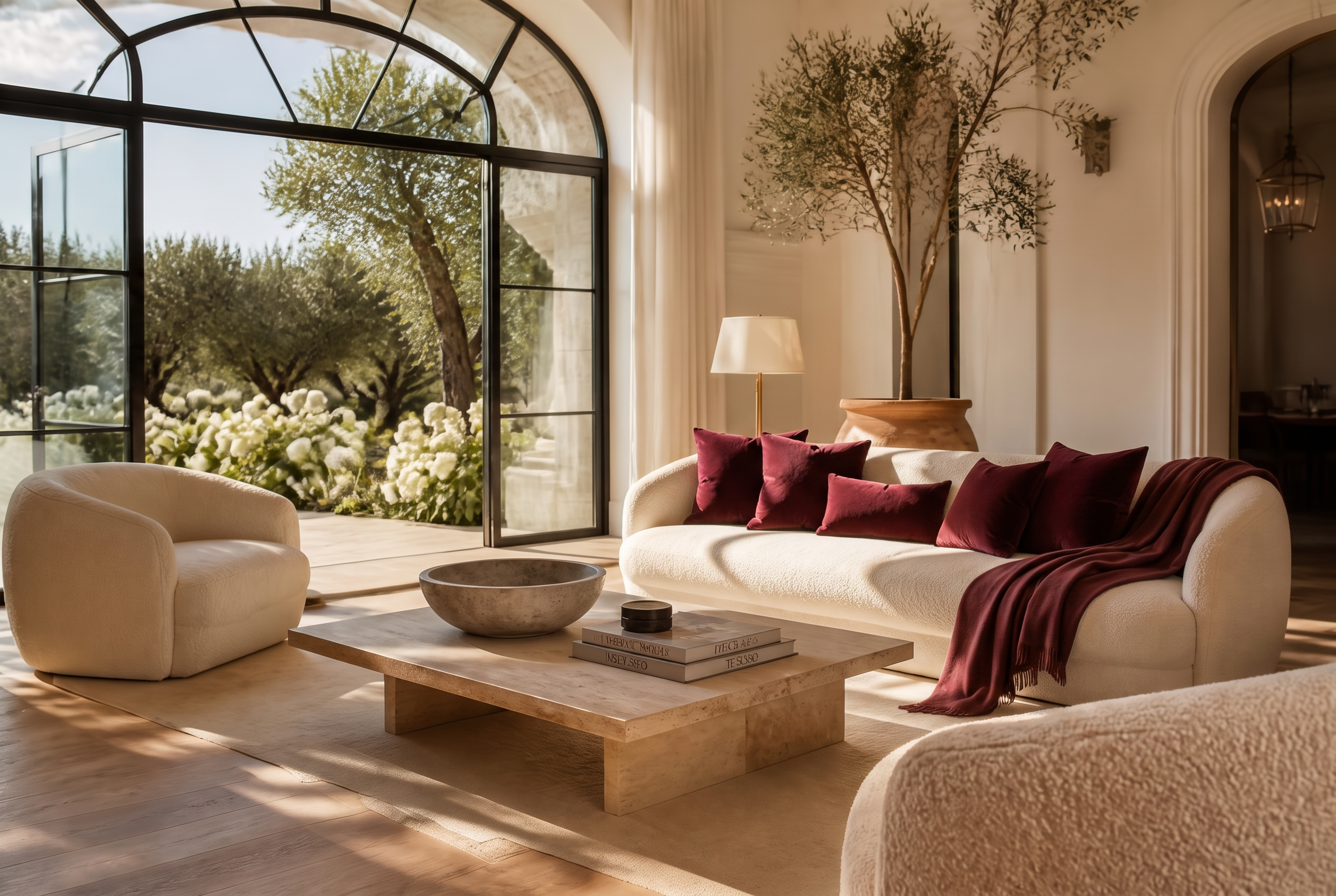 A sunlit luxury sitting room with an olive tree, burgundy velvet pillows, and an arched steel window opening to a garden
