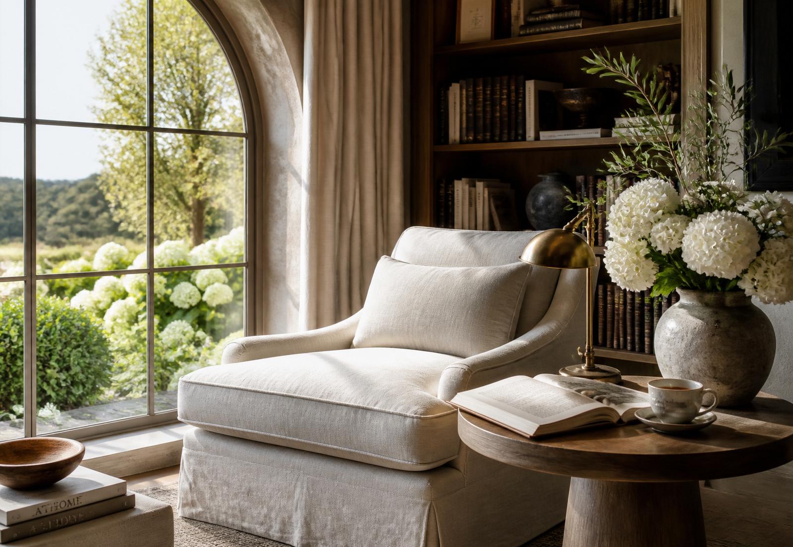 Hands holding an open book on soft linen in morning light