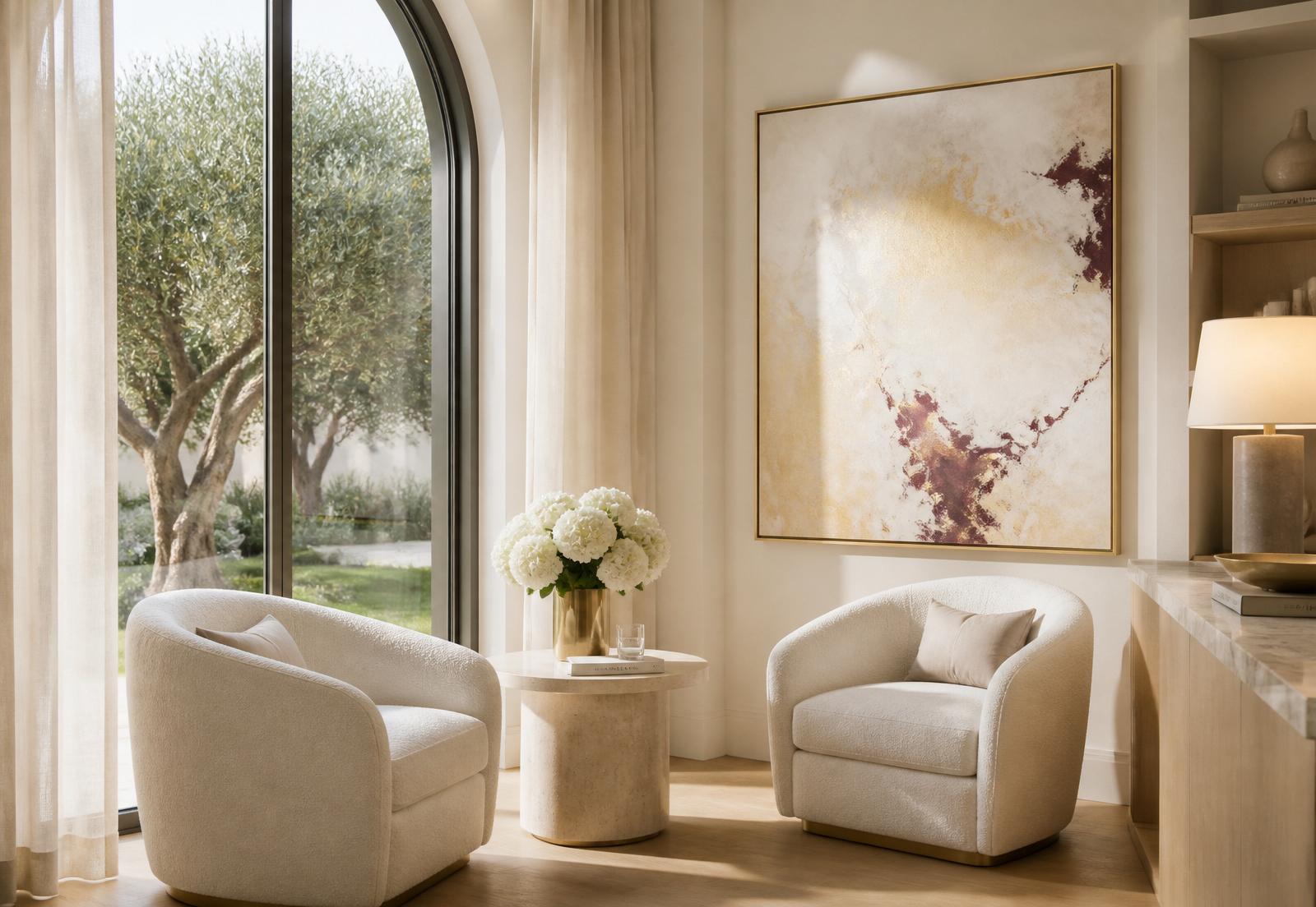 A quiet architectural room with a wooden bench and an olive tree