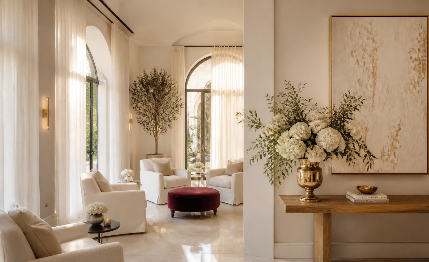 A light-filled room with a wooden podium and tall arched windows